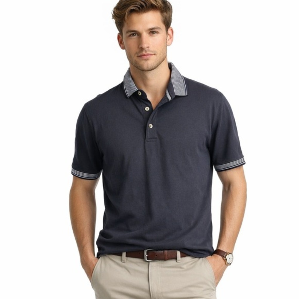 MBX Premium Goods Men's Dark Gray Polo Shirt with Striped Collar Size L NWT